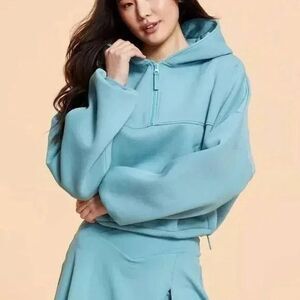 BLOGILATES Marshmallow Half Zip Hoodie Sweatshirt Teal Womens L Oversized Hooded